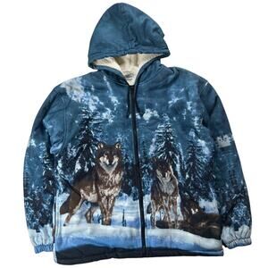 Vtg Black Canyon Outfitters Graphic Hooded Wolfs Jacket 2XL Sherpa Lined